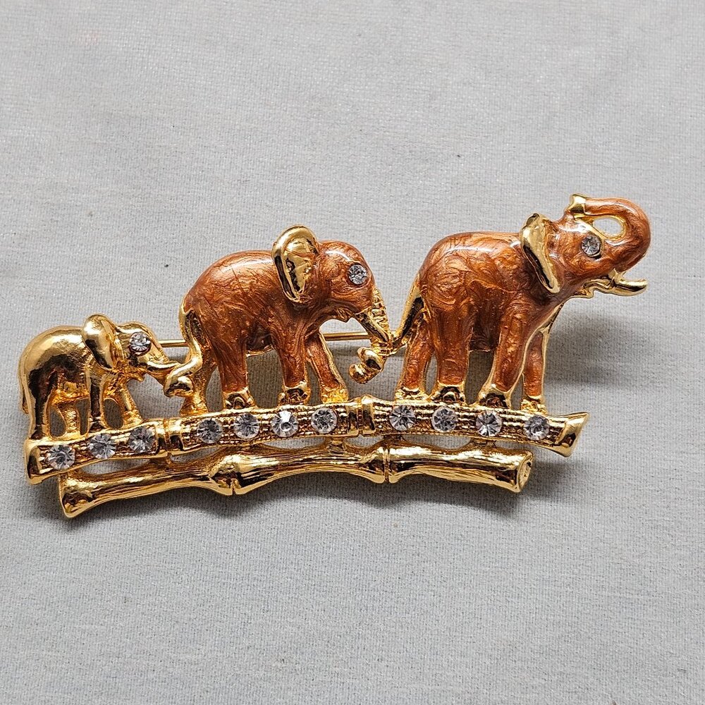 Elephant Family Brooch Gold Tone Brown Enamel Bejeweled Trunk-To-Tail Rhinestone